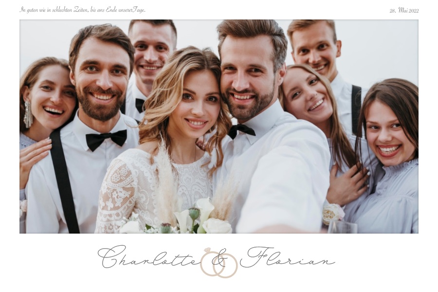 Schlichter weißer Fotorahmen „Goldene Ringe“ mit Namen in Schreibschrift