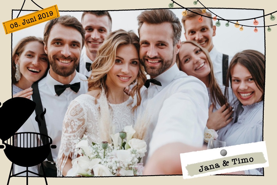 Fotorahmen „Grillparty“ mit Grill-Illustration, Datum und Namensschild