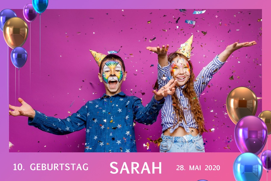 Fotorahmen „Happy Birthday“ mit Luftballons, Name und Datum