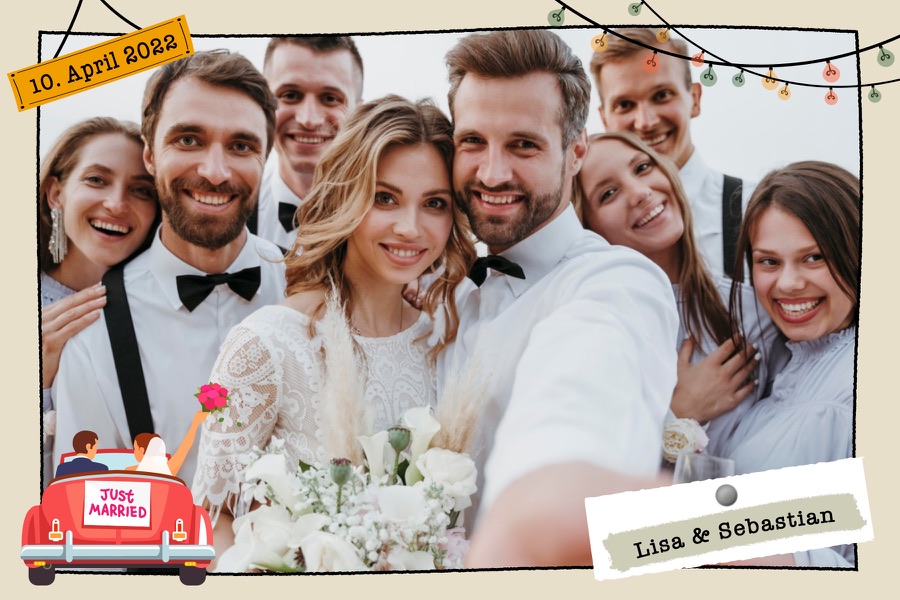 Fotorahmen „Just married“ mit Datum, Namensschild und Hochzeitsauto